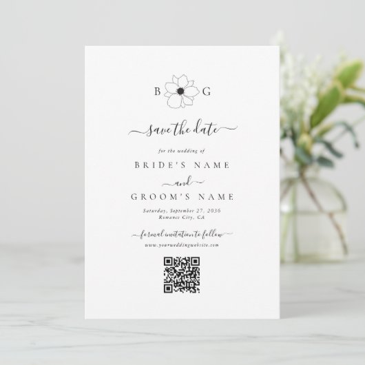 Wildflower Hand-getrokken Monogram bruiloft QR-cod Save The Date (Staand voorkant)