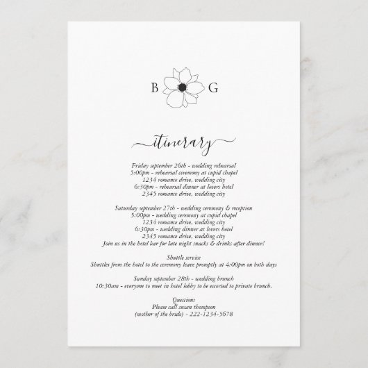 Wildflower Hand-getrokken Monogram Bruiloft Route Programmakaart (Achterkant)