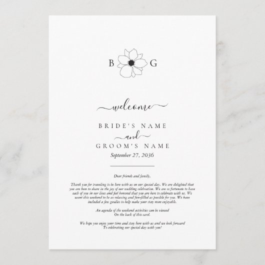 Wildflower Hand-getrokken Monogram Bruiloft Route Programmakaart (Voorkant)