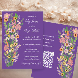 Wildflower Handpainted Custom QR code Baby shower Kaart