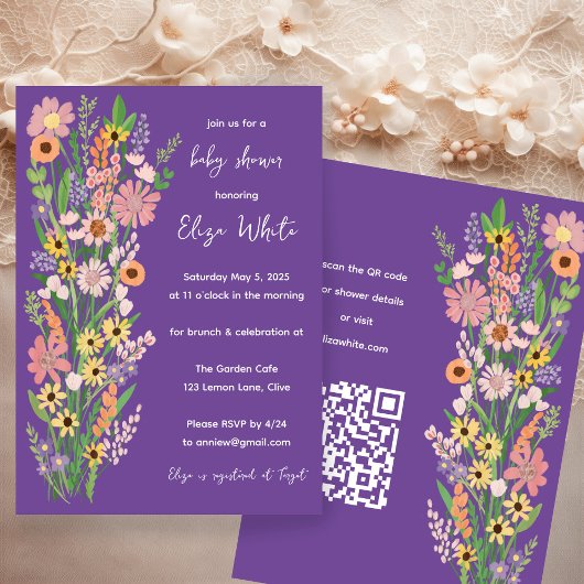 Wildflower Handpainted Custom QR code Baby shower Kaart