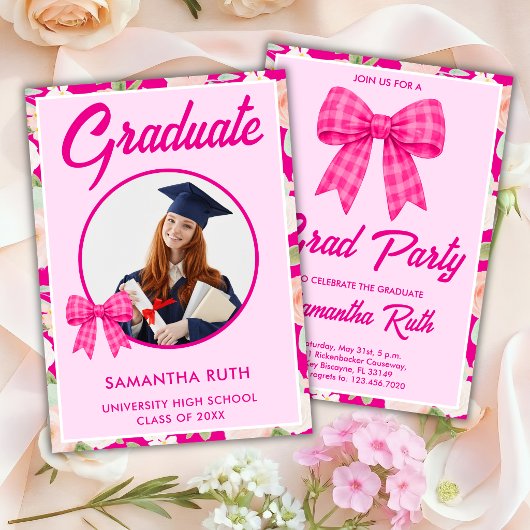Wildflower Heet Roze Gingham Strik Diadem Afstudee Kaart
