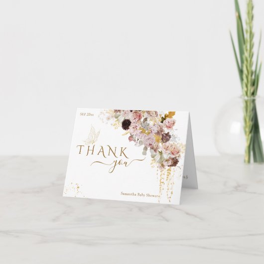 Wildflower Herfst Elegant Goud Baby Meisje Douche Bedankkaart (Voorkant)
