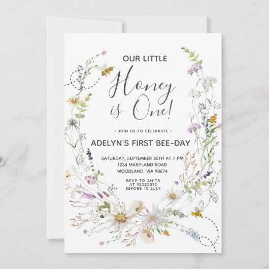 Wildflower Honey Bee 1e verjaardag uitnodiging (Voorkant)