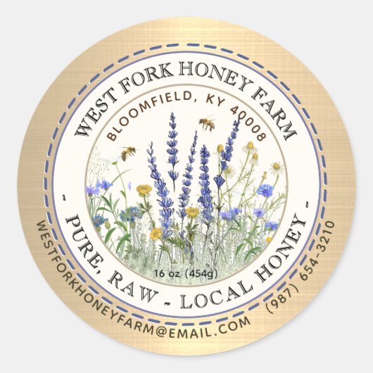 Wildflower Honey Label Bijen en Dashed Border Gold (Voorkant)