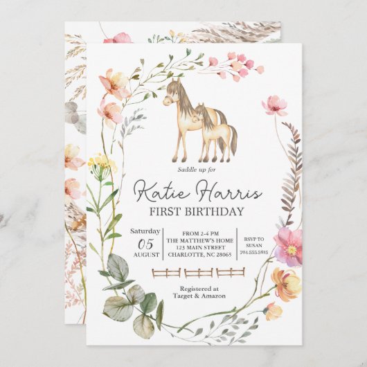 Wildflower Horse Birthday Uitnodiging (Voorkant / Achterkant)