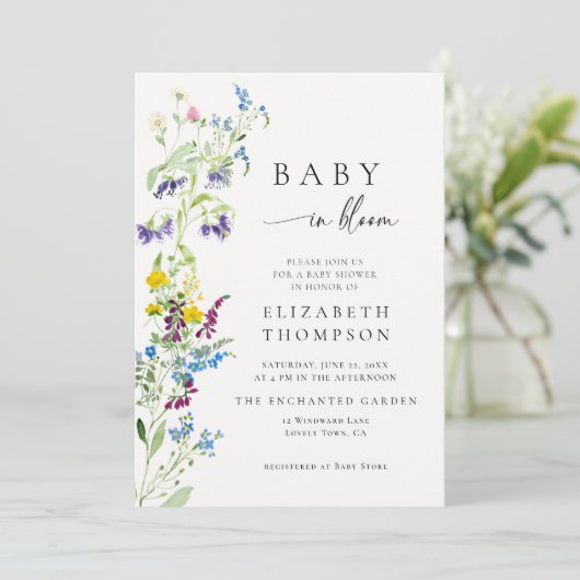 Wildflower in Bloom Elegant Waterverf Baby shower Kaart (Staand voorkant)