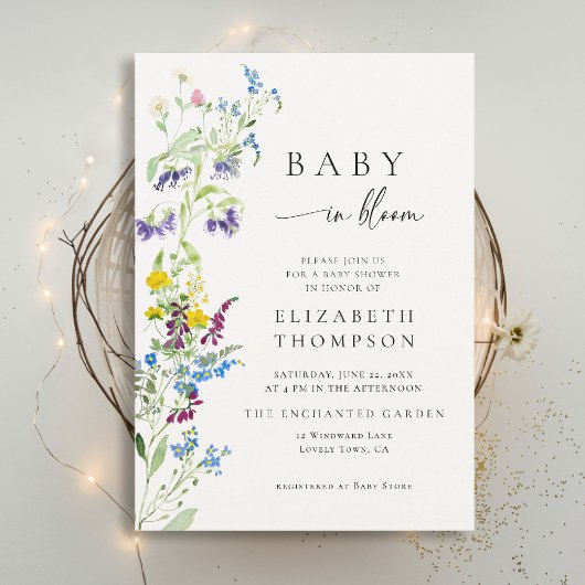 Wildflower in Bloom Elegant Waterverf Baby shower Kaart