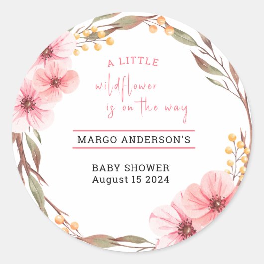 Wildflower is op weg naar roze Baby shower Ronde Sticker (Voorkant)