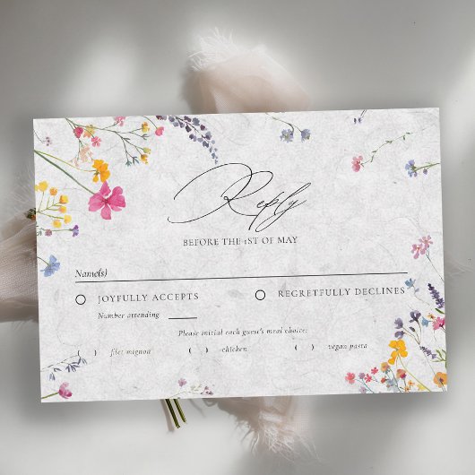 Wildflower Ivory Watercolor Elegant Wedding Meal RSVP Kaartje
