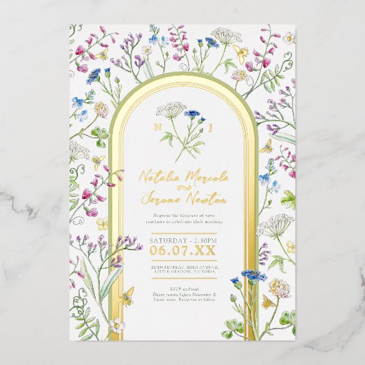 Wildflower kleurrijke bloemenkunst waterverf bruil folie uitnodiging (Voorkant)