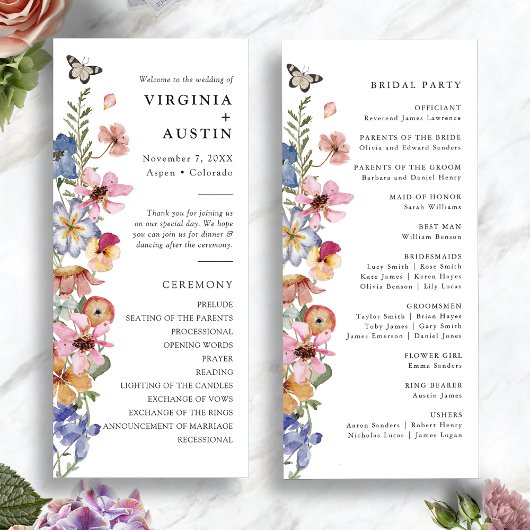 Wildflower kleurrijke bruiloft programmakaart