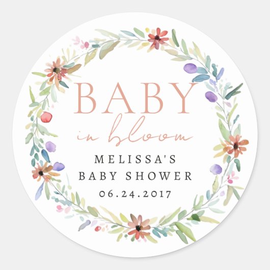 Wildflower krans Baby in bloei Baby shower Ronde Sticker (Voorkant)