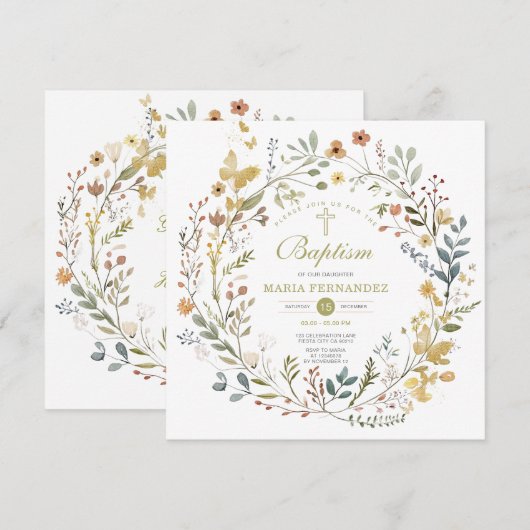 Wildflower Krans Bloemen Doop Uitnodiging (Voorkant / Achterkant)