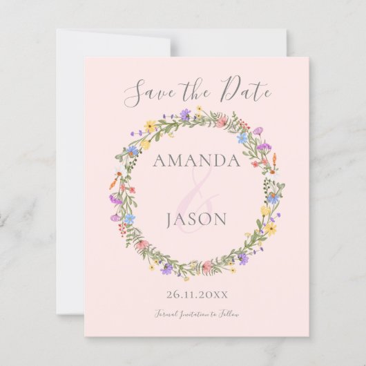 wildflower krans bloemenbruiloft Save the Date (Voorkant)
