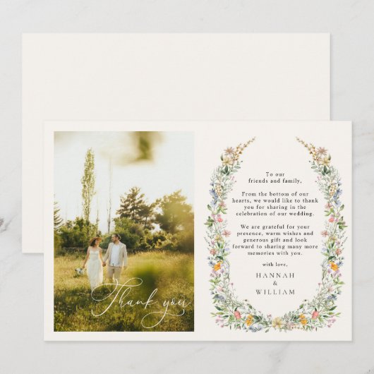 Wildflower krans bruiloft foto bedankkaart (Voorkant / Achterkant)