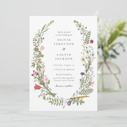 Wildflower krans bruiloft uitnodiging (Staand voorkant)