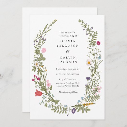 Wildflower krans bruiloft uitnodiging (Voorkant / Achterkant)