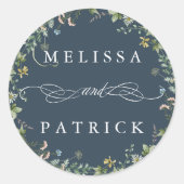 Wildflower krans Elegant Bruiloft Navy Blauw Ronde Sticker (Voorkant)