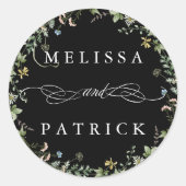 Wildflower krans Elegant Bruiloft Zwart Ronde Sticker (Voorkant)