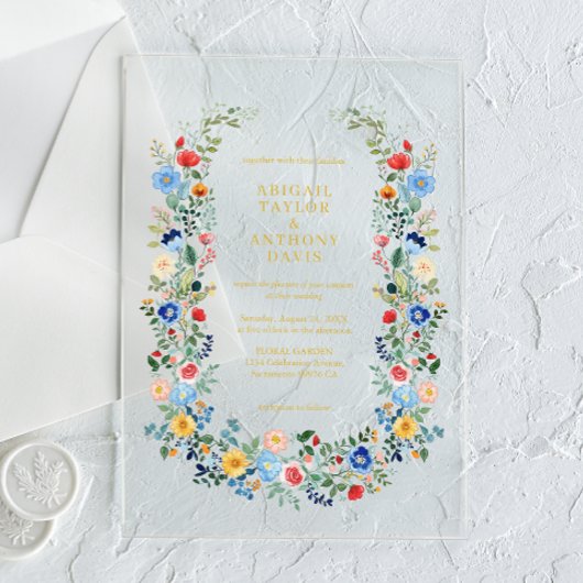 Wildflower Krans Gold Script Tuin bruiloft Acryl Uitnodigingen
