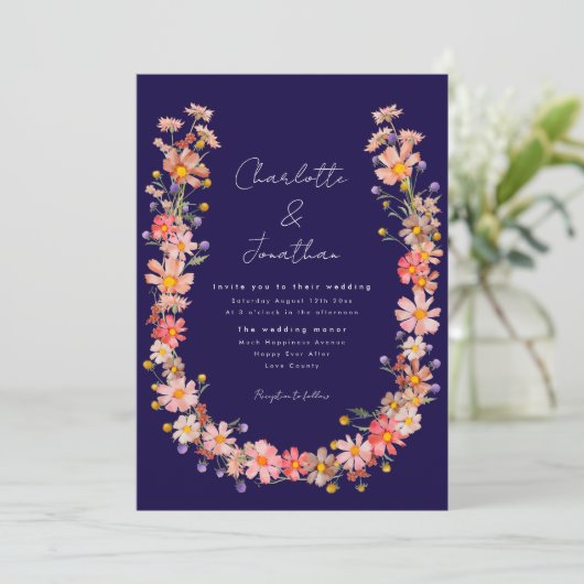 Wildflower Krans Navy Blue Fall Wedding Kaart (Staand voorkant)