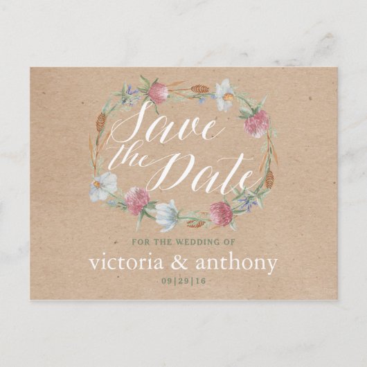 Wildflower krans op Kraft land Bewaar de datum Aankondigingskaart (Voorkant)
