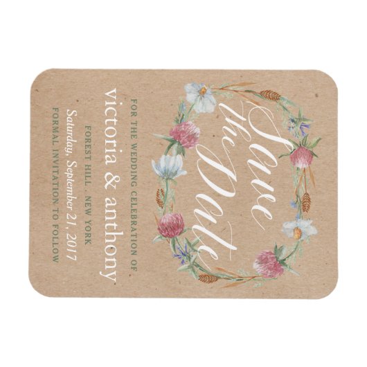 Wildflower krans op Kraft land Bewaar de datum Magneet (Horizontaal)