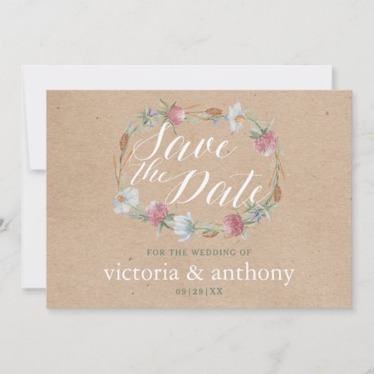 Wildflower krans op Kraft land Bewaar de datum Save The Date (Voorkant)