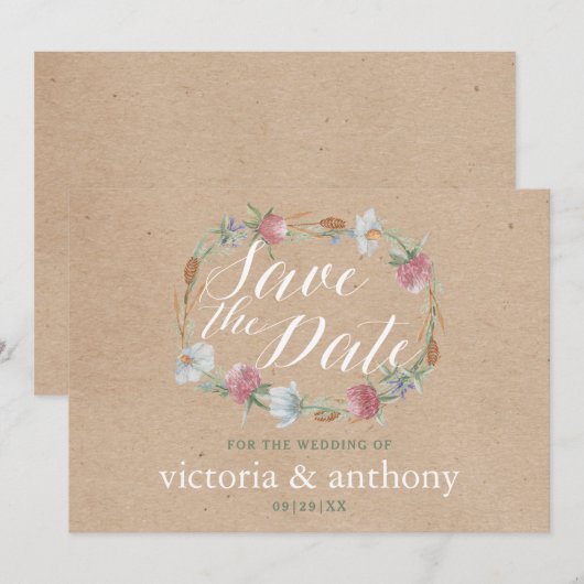 Wildflower krans op Kraft land Bewaar de datum Save The Date (Voorkant / Achterkant)
