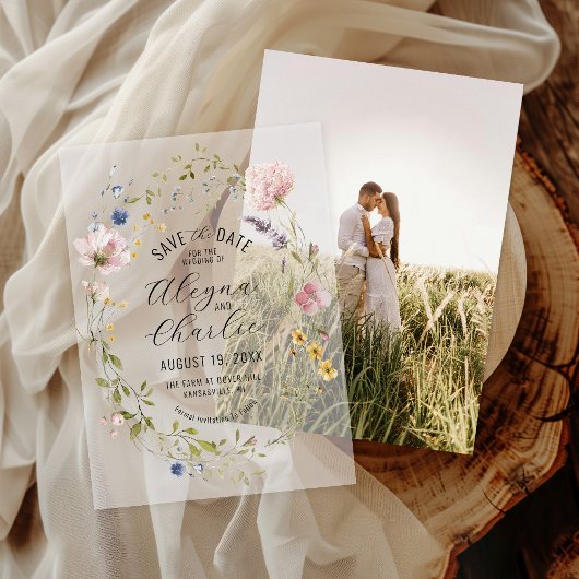 Wildflower Krans Overlay Wedding Save the Date Vellum Uitnodigingen