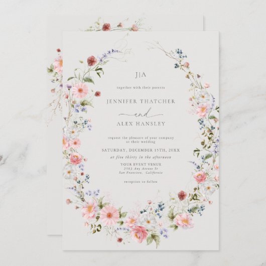 Wildflower krans | QR Code RSVP bruiloft Kaart (Voorkant / Achterkant)