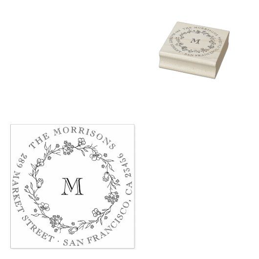 Wildflower Krans Ronde Familienaam Retour Adres Rubberstempel (Gestempeld)