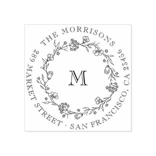 Wildflower Krans Ronde Familienaam Retour Adres Rubberstempel (Afrduk)