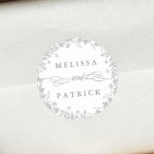 Wildflower krans silhouet bruiloft grijs & wit ronde sticker