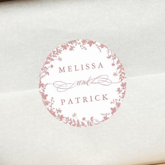 Wildflower krans silhouet bruiloft stoffig roze ronde sticker