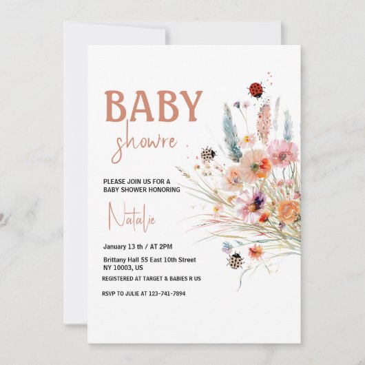 Wildflower Labybug Pampas Grass Baby shower Kaart (Voorkant)