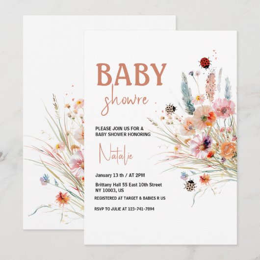 Wildflower Labybug Pampas Grass Baby shower Kaart (Voorkant / Achterkant)