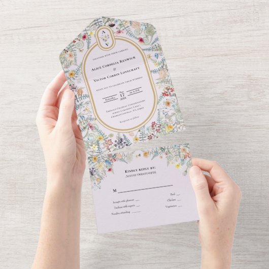 Wildflower Lavendel Bruiloft Monogram All In One Uitnodiging (Afscheurbaar)