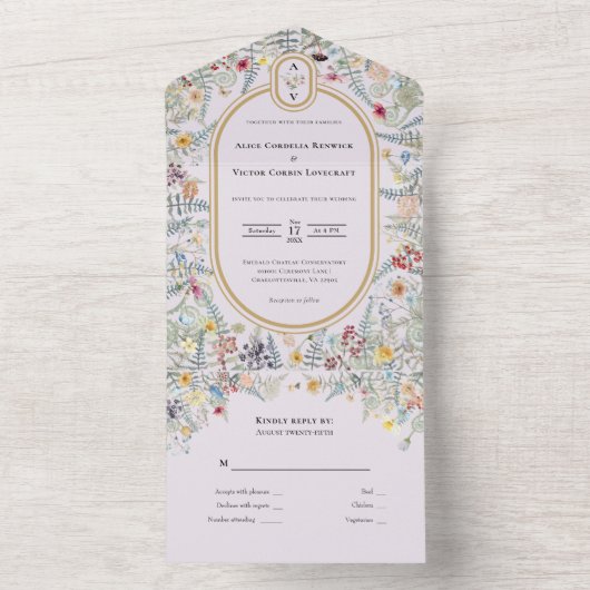 Wildflower Lavendel Bruiloft Monogram All In One Uitnodiging (Binnen)