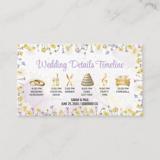 Wildflower lavendel en gele bloemen bruiloft informatiekaartje (Voorkant)