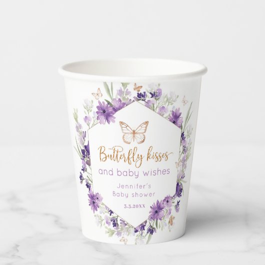 Wildflower lavendel vlinder kisses baby shower papieren bekers (Achterkant)