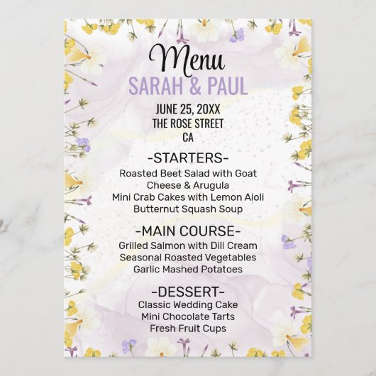 Wildflower Lavender and Yellow Floral Wedding Menu (Voorkant)