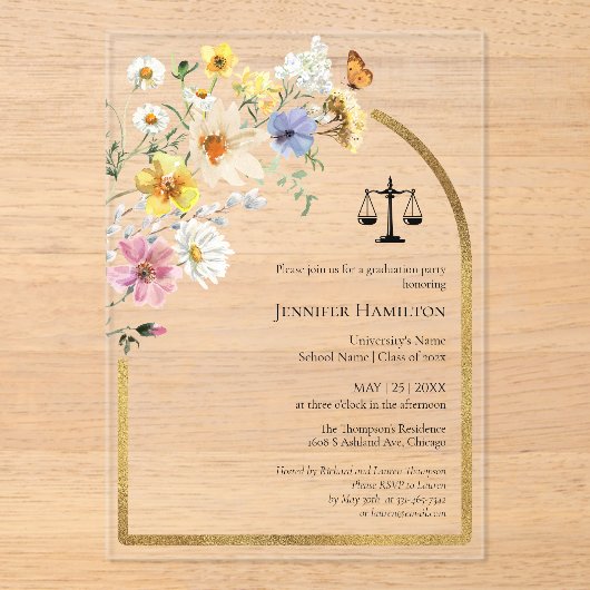 Wildflower Law School Graduation Party Foto Acryl Uitnodigingen (Voorkant)