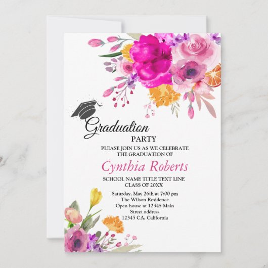 Wildflower lente afstuderen uitnodiging (Voorkant)