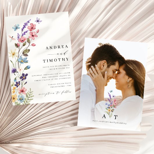 Wildflower lente zomer monogram bruiloft foto kaart