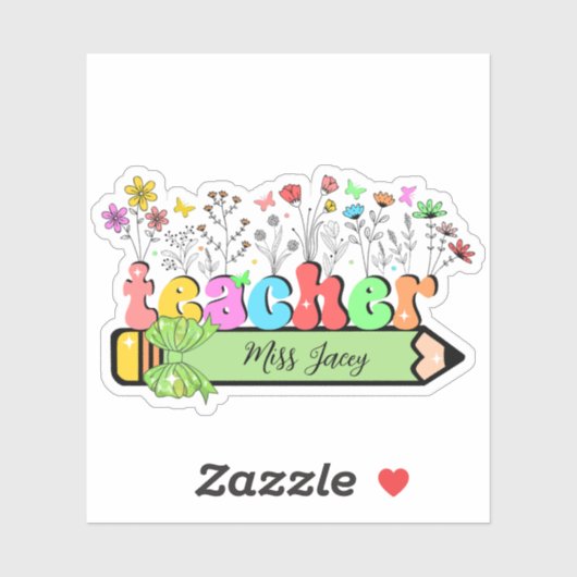 Wildflower Leraar Naam Gepersonaliseerd, leraar ca Sticker (Vel)