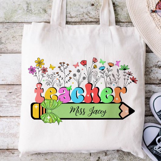 Wildflower Leraar Naam Gepersonaliseerd, leraar ca Tote Bag