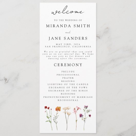 Wildflower Lesbische Pride Bloemen Bruiloft Programmakaart (Voorkant)