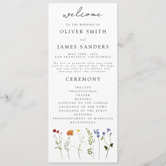 Wildflower LGBTQ Gay Pride Bloemenbruiloft Programmakaart (Voorkant)